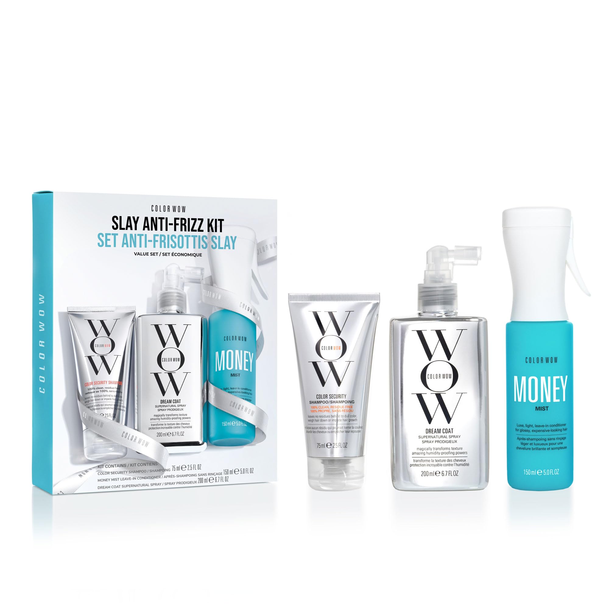 COLOR WOW front packaging showing kit and glossy hair benefit