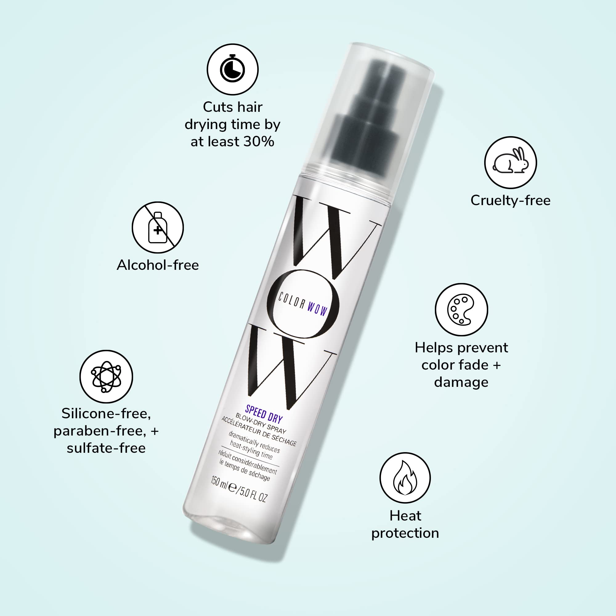 COLOR WOW bottle next to hand showing size and travel-friendly benefit