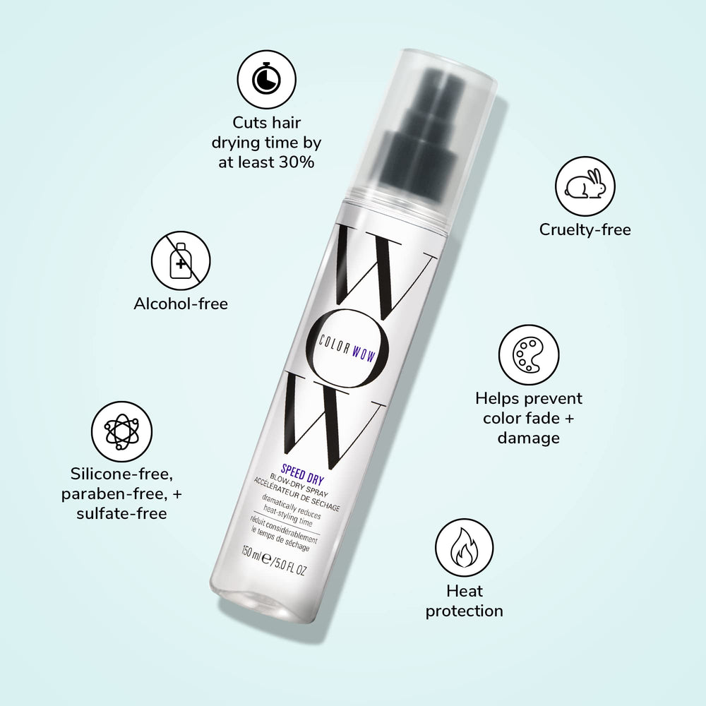 COLOR WOW bottle next to hand showing size and travel-friendly benefit