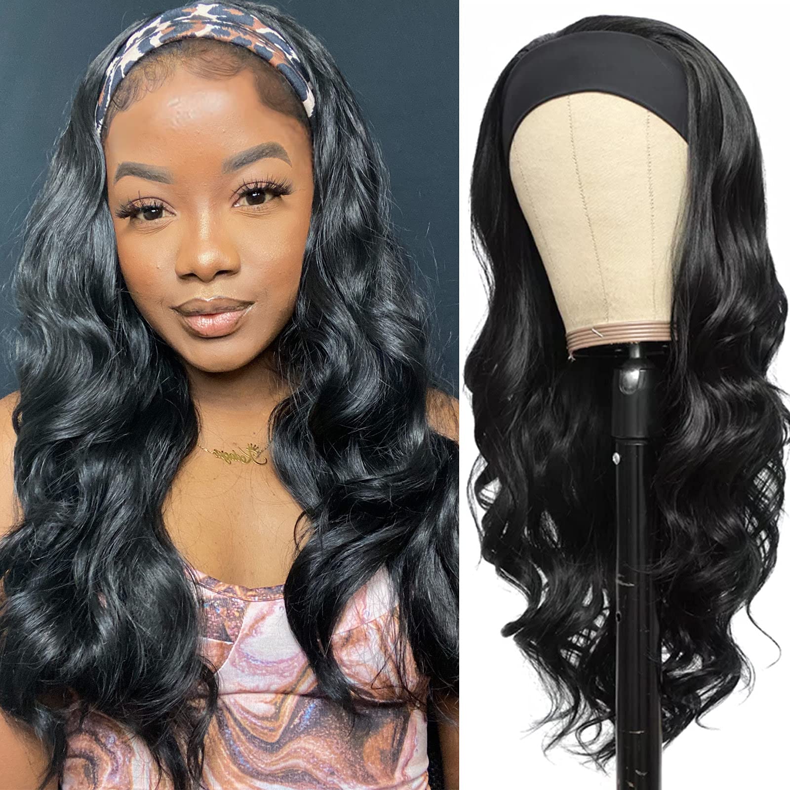 Colorful Queen glueless headband wig 26in long black body wave for quick daily styling