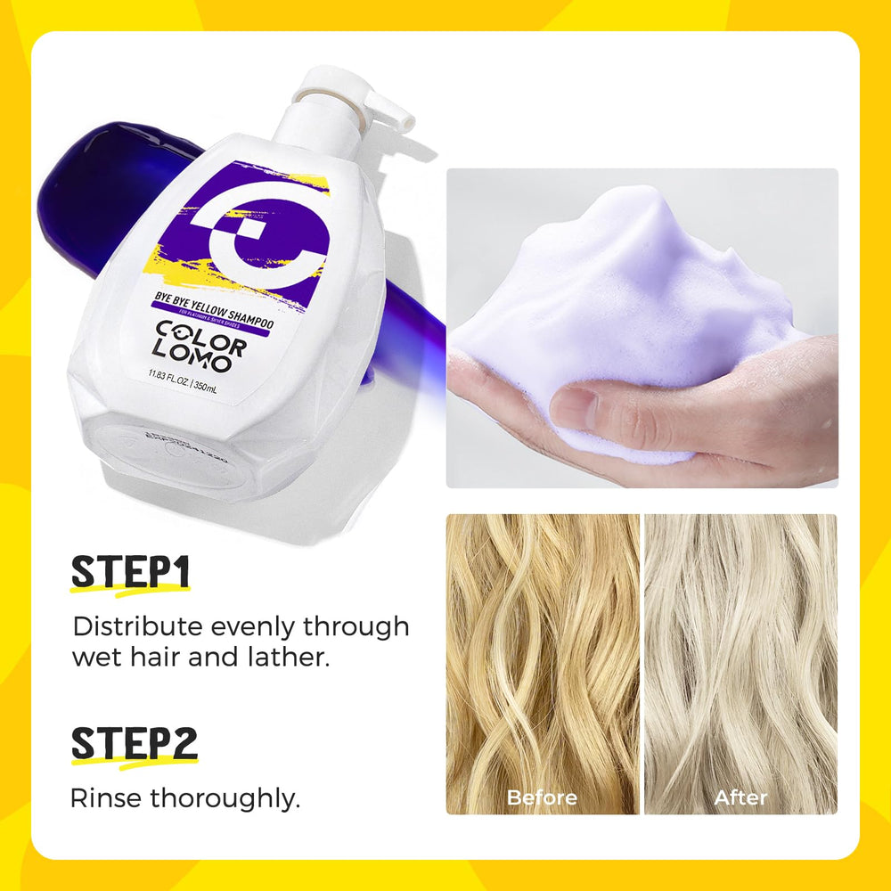 COLORLOMO Bye Bye Yellow Shampoo in a bathroom setting highlighting safe dermatologist-approved claim