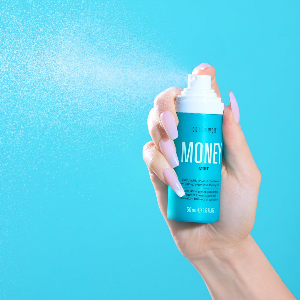 COLOR WOW Money Mist size comparison next to common bottle to show portable travel-friendly design