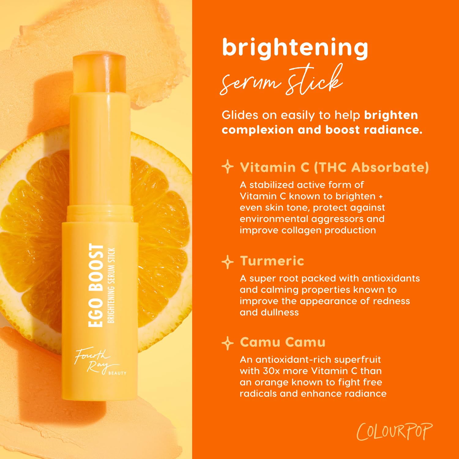 ColourPop Brightening Vitamin C Serum Stick swatch on skin reveals even tone and fresh glow