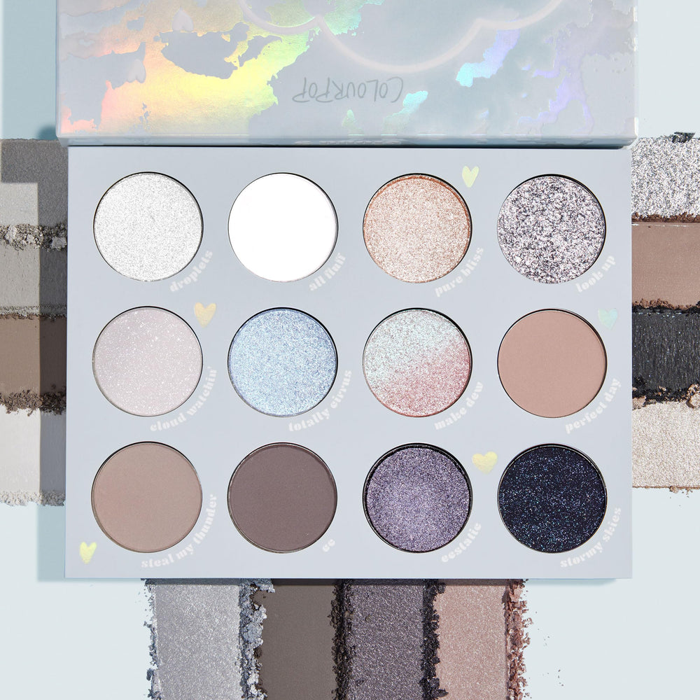 ColourPop Cloud 9 shades close-up shows matte, metallic, and glitter formulas.