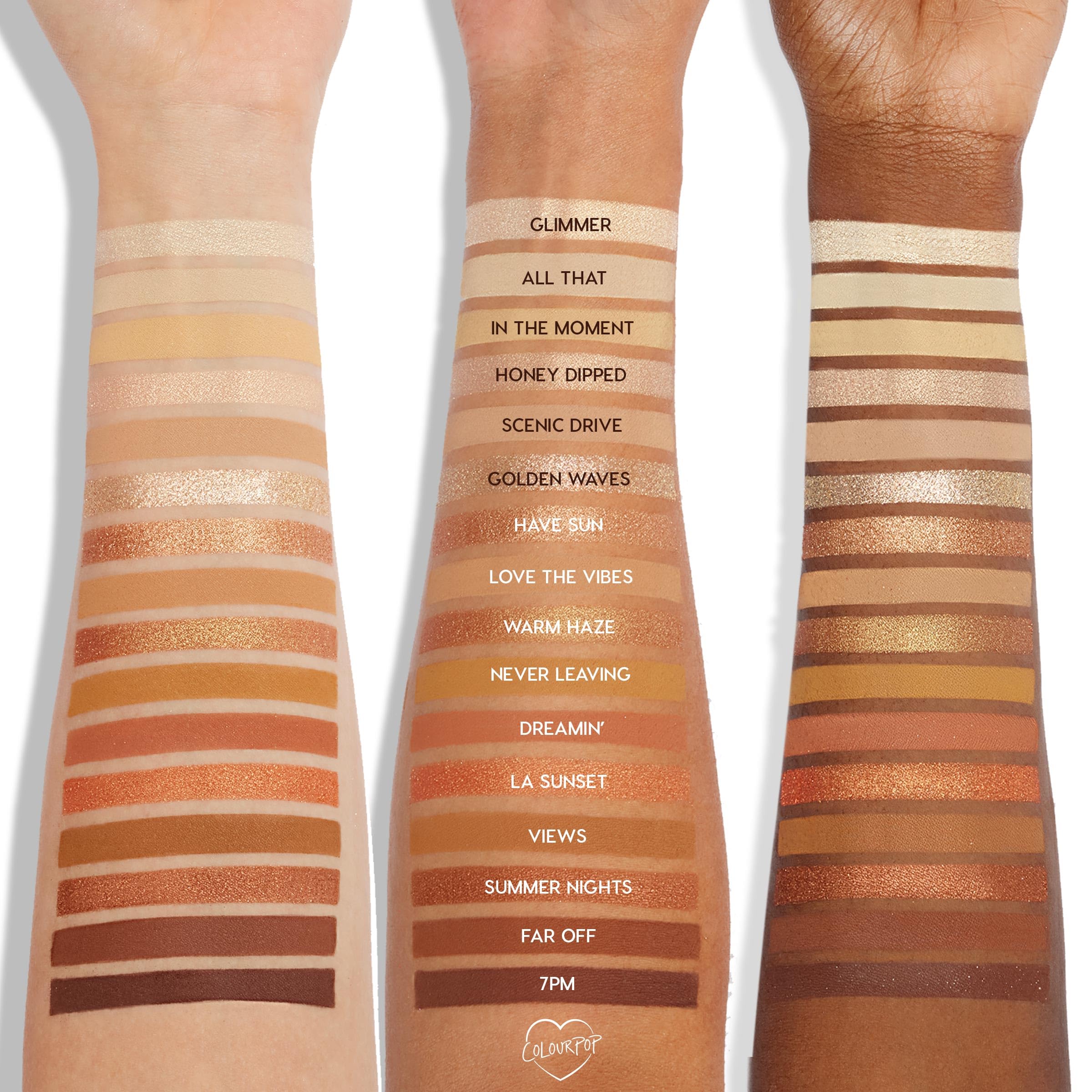 ColourPop Golden Hour matte-sparkle finish swatches blend smoothly for seamless looks.