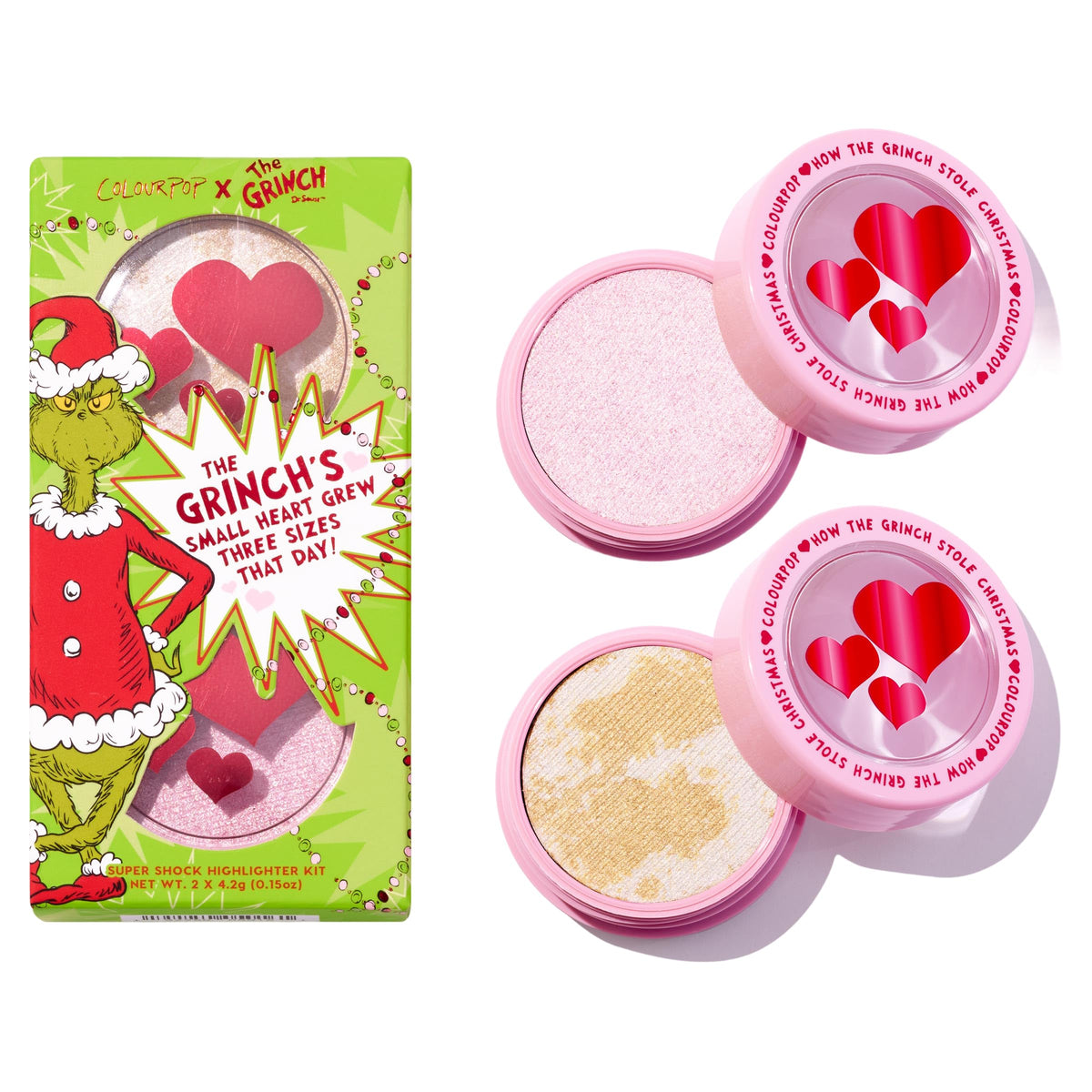 ColourPop Grinch Change of Heart highlighter in twinkly warm champagne for luminous cheeks.