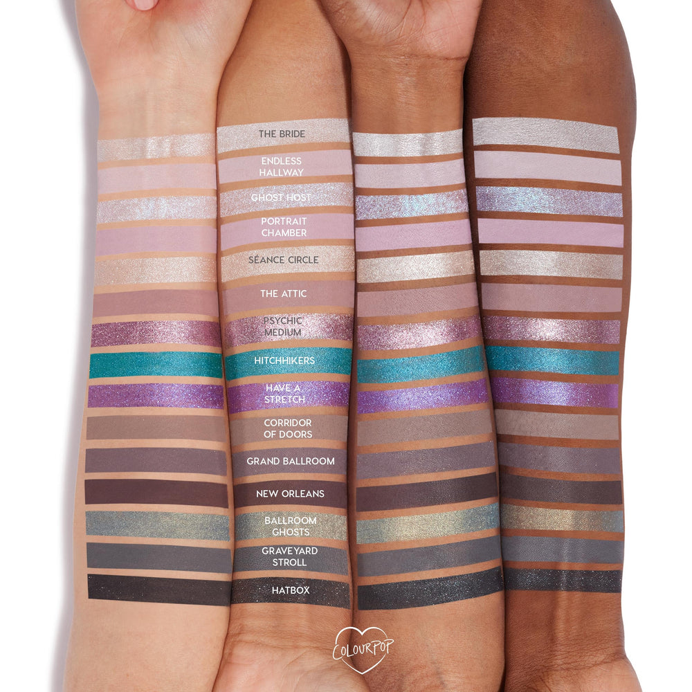 ColourPop Haunted Mansion metallic shade swatch, capturing high pigment payoff and luminous shine.