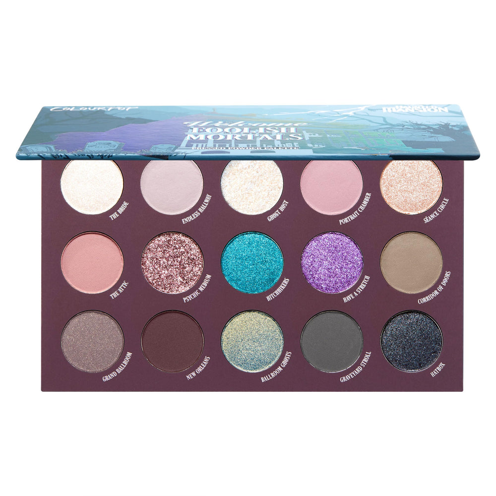 ColourPop Haunted Mansion palette packaging closeup, highlighting collectible design for fans.