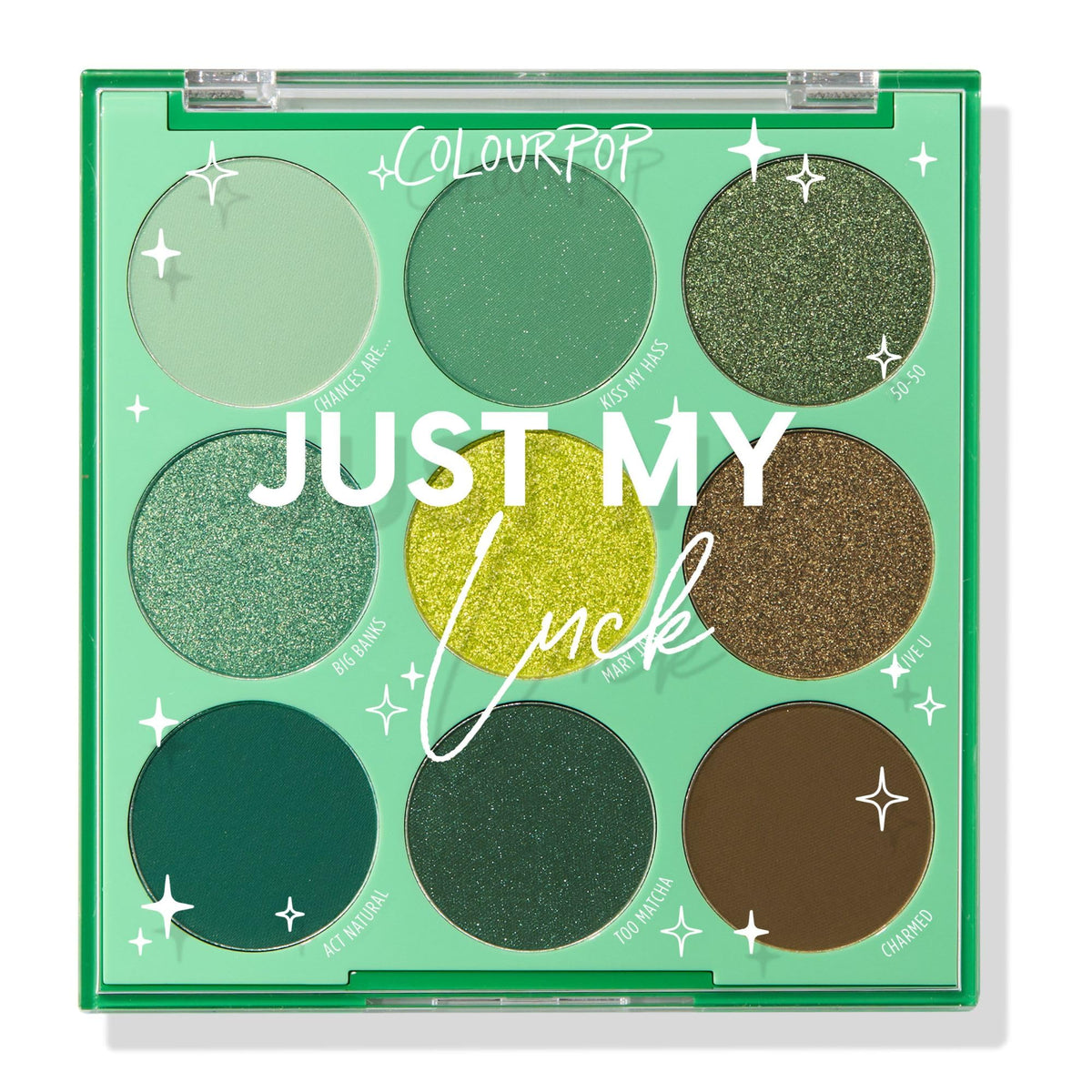 ColourPop Just My Luck palette cover showing bold emerald greens for statement looks