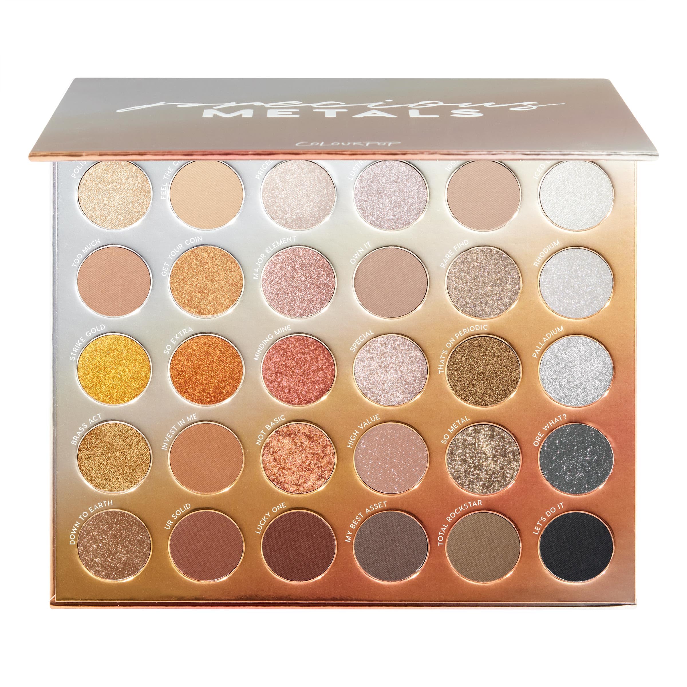 ColourPop Precious Metals palette pan shot showing rich color payoff for versatile looks