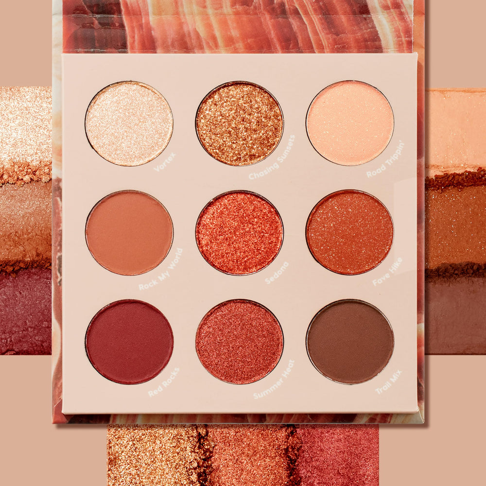 ColourPop Rock On palette open panels display nine shades across matte and metallic finishes.