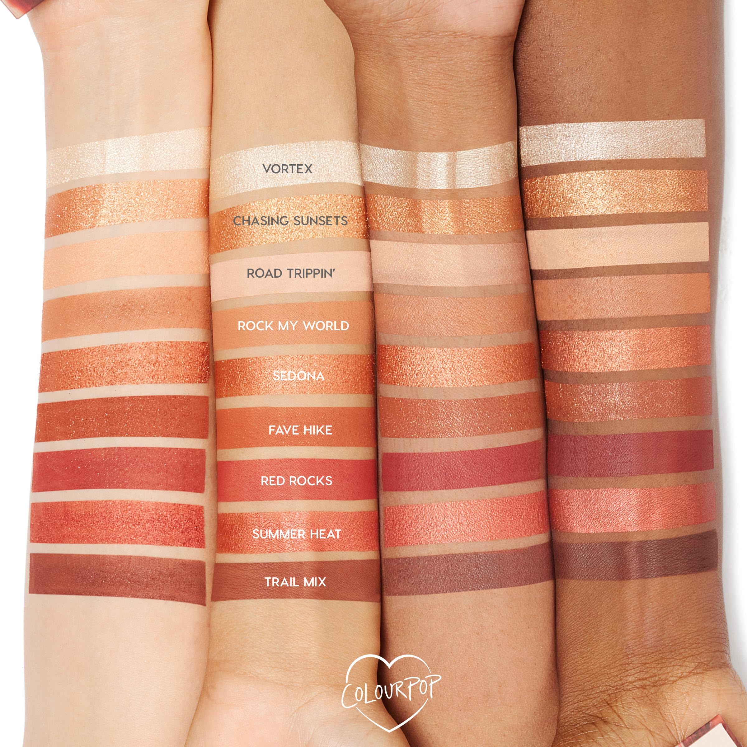 ColourPop Rock On swatches reveal depth of terracotta, bronze, and neutral hues.