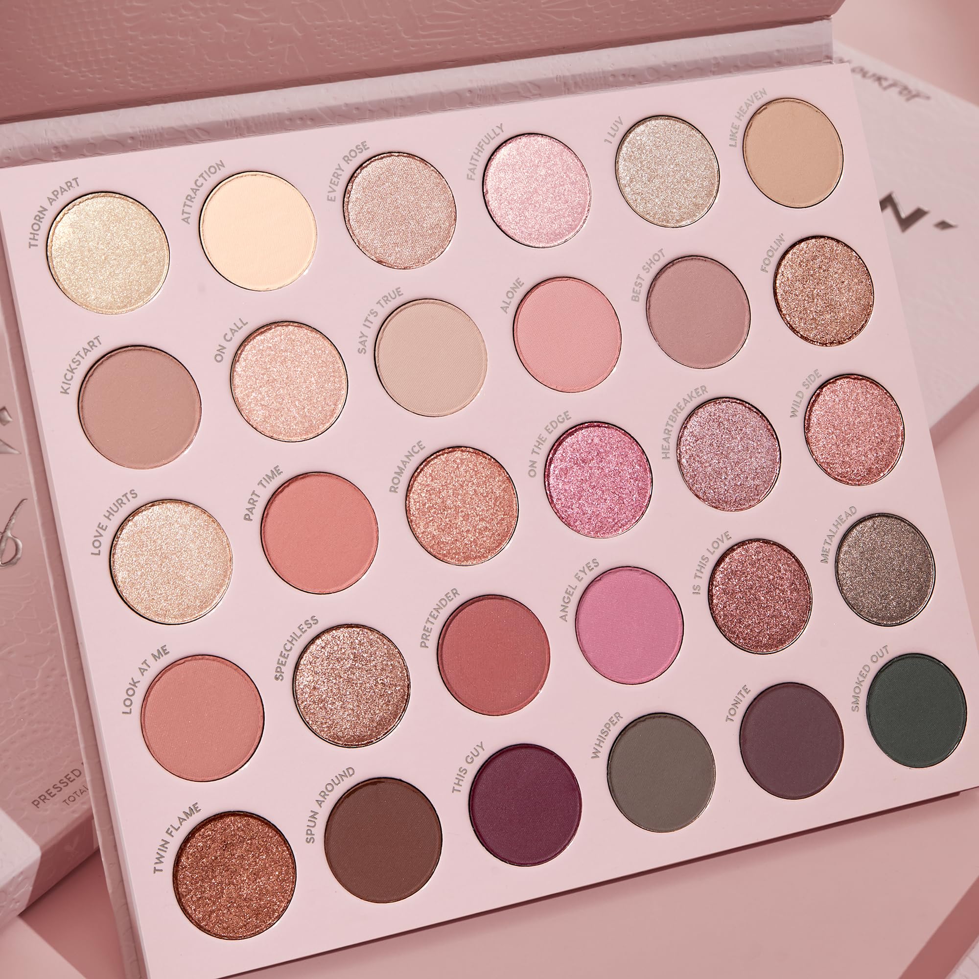 ColourPop Smoke N Roses compact open shows row of shimmering and matte shades.