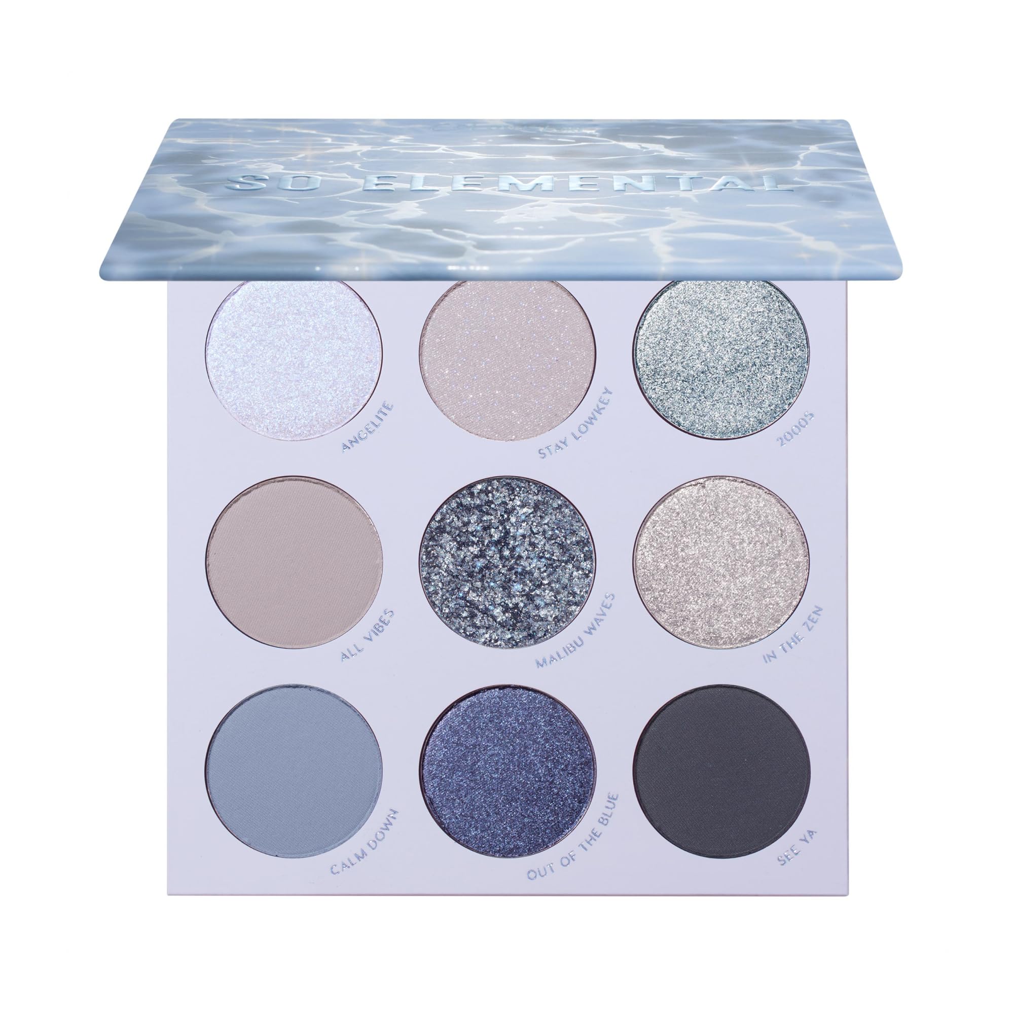 ColourPop So Elemental Eyeshadow Palette open shows blue and silver tones for versatile looks.