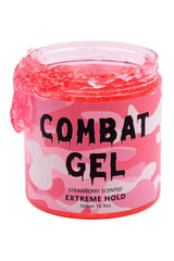 Combat Gel extreme hold bottle shows alcohol-free formula for lasting control.