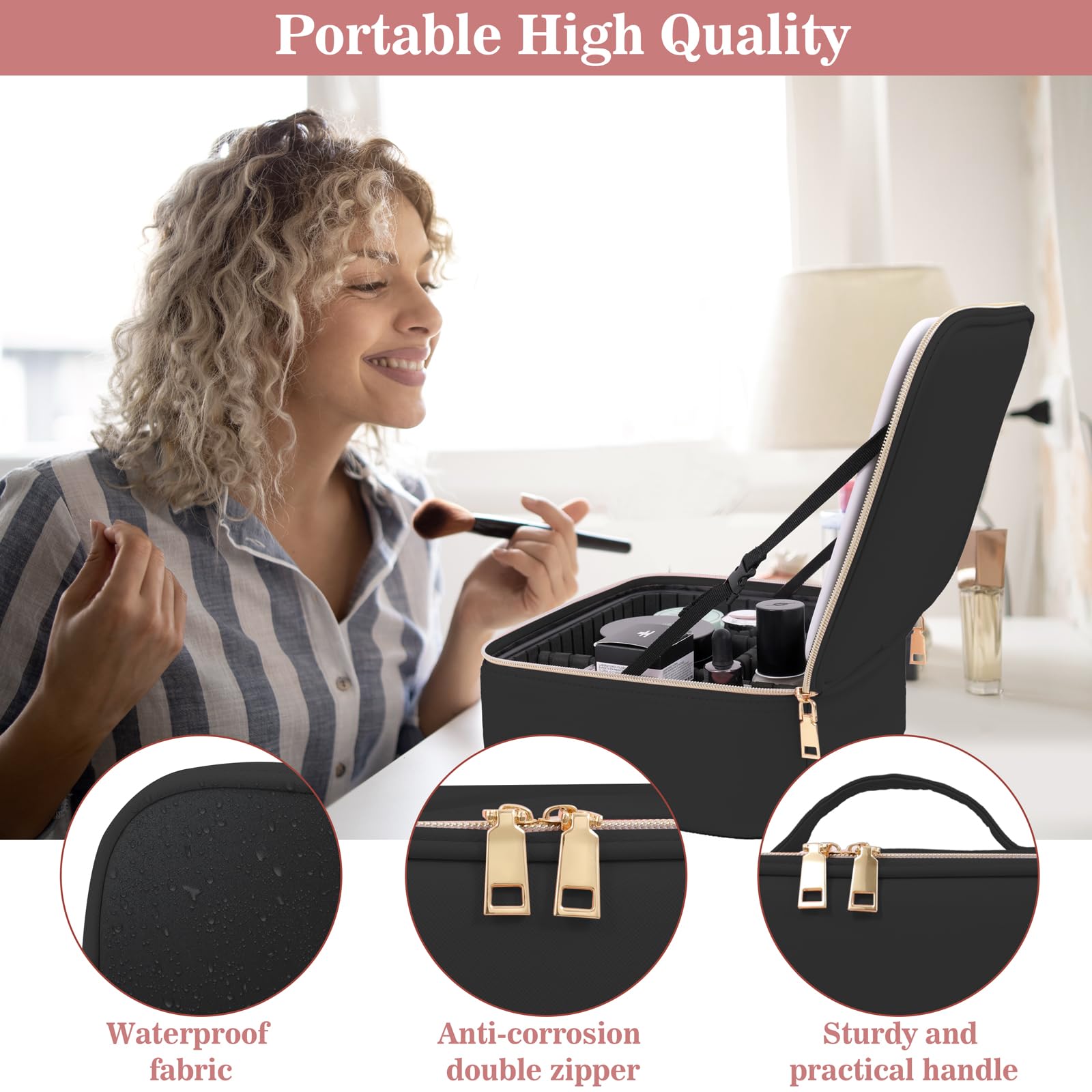 Comeacross makeup case 360 rotating mirror enables easy angle adjustments.