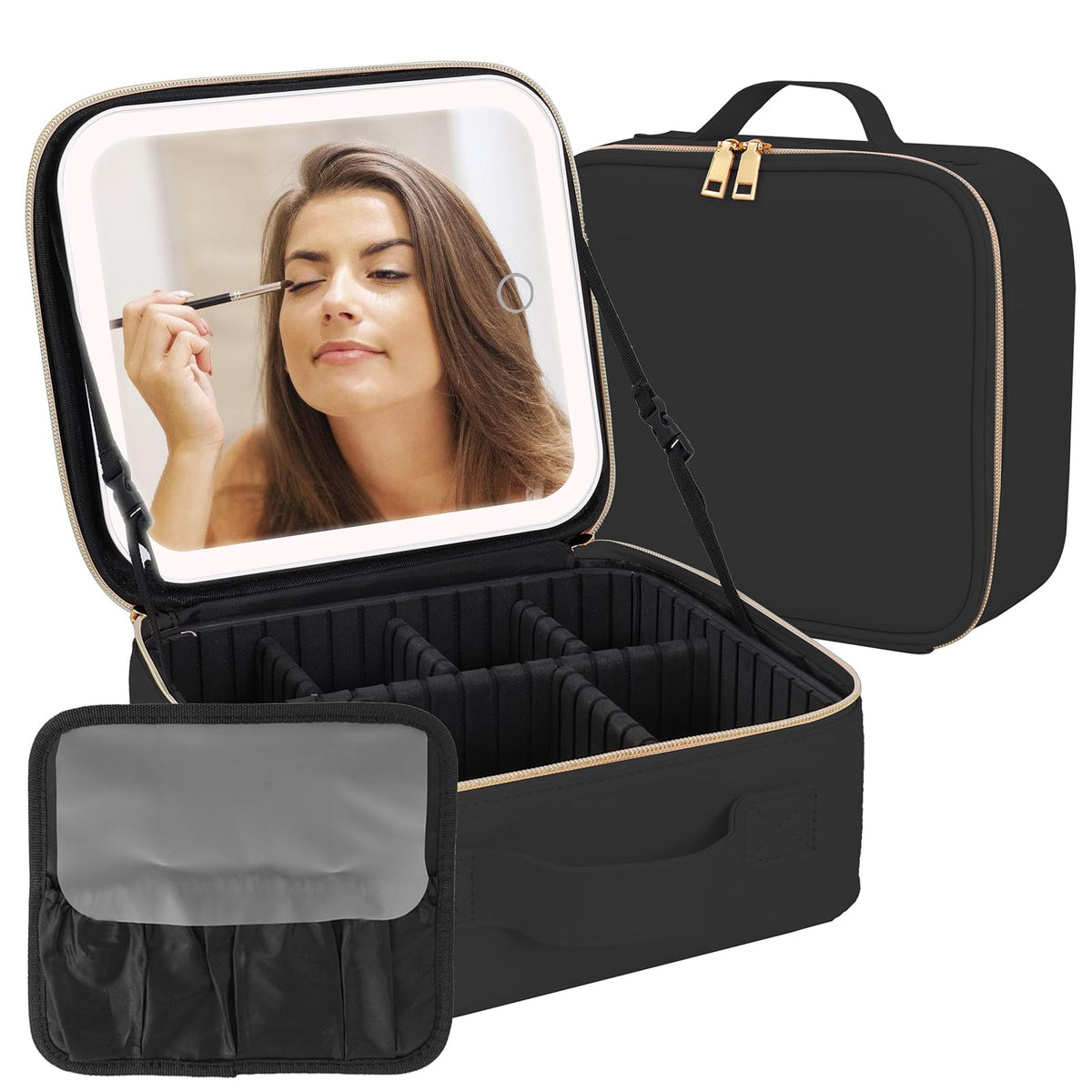 Comeacross makeup case with LED mirror for travel, on-the-go touch-ups.