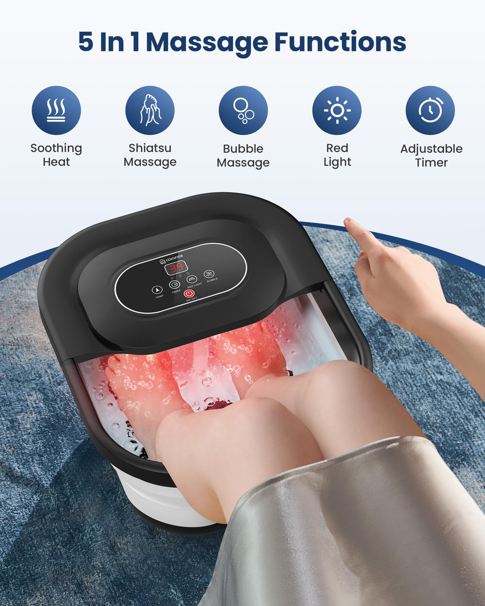 COMFIER foot spa red light feature for fatigue relief ambience during soak.
