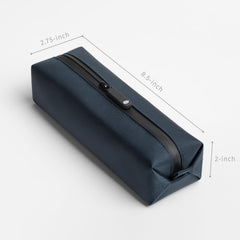 Comfyable toiletry bag blue side profile showing slim Dopp kit design for gym use.