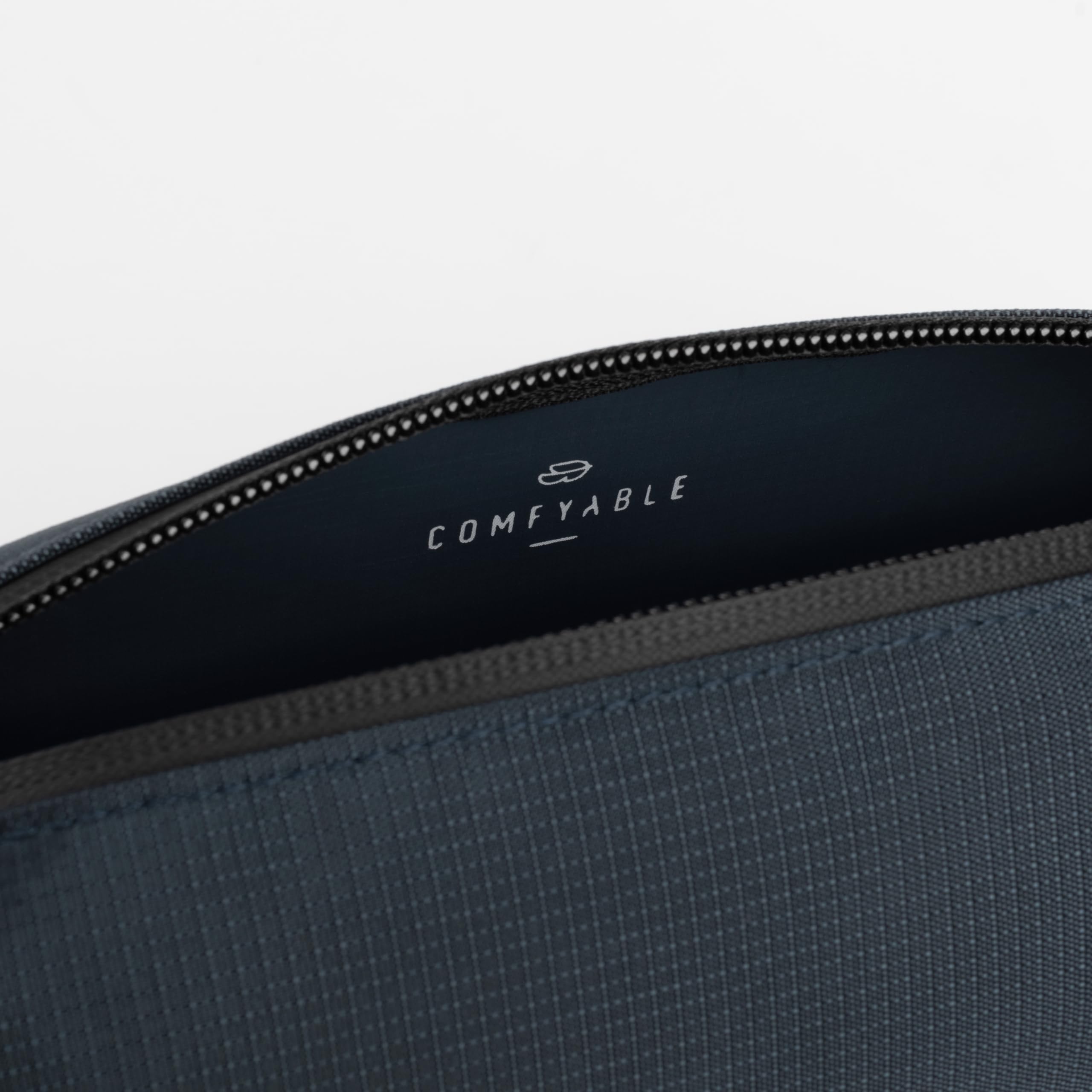 Comfyable blue toiletry bag collapsed flat for space saving storage.
