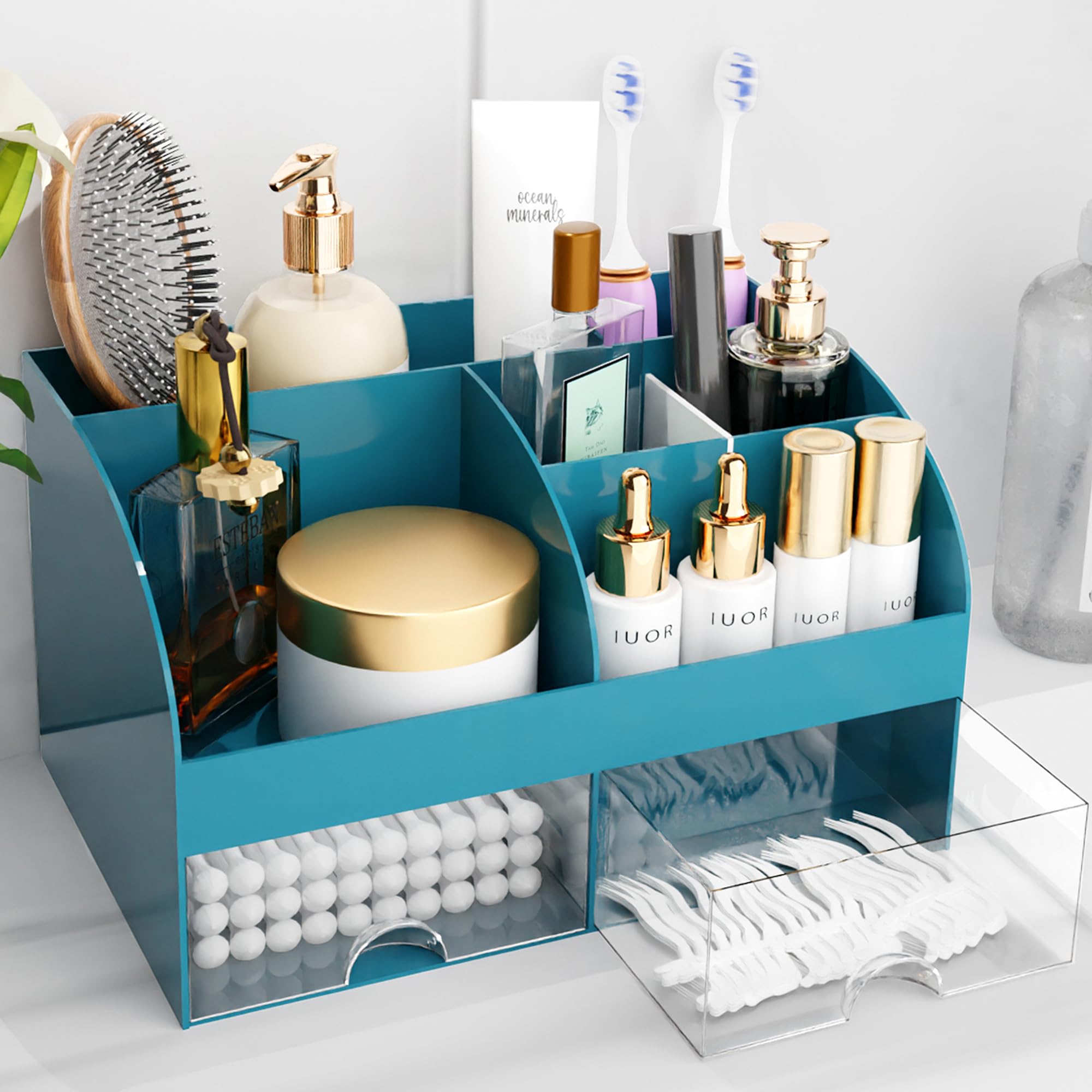 COMFYROOM makeup organizer with drawers in dark green for easy cosmetics access