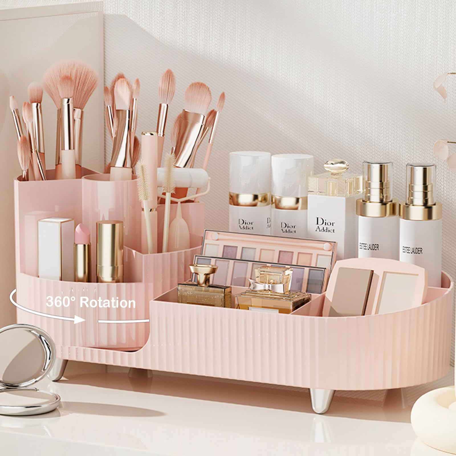 COMFYROOM pink rotating vanity organizer provides stylish countertop makeup storage.