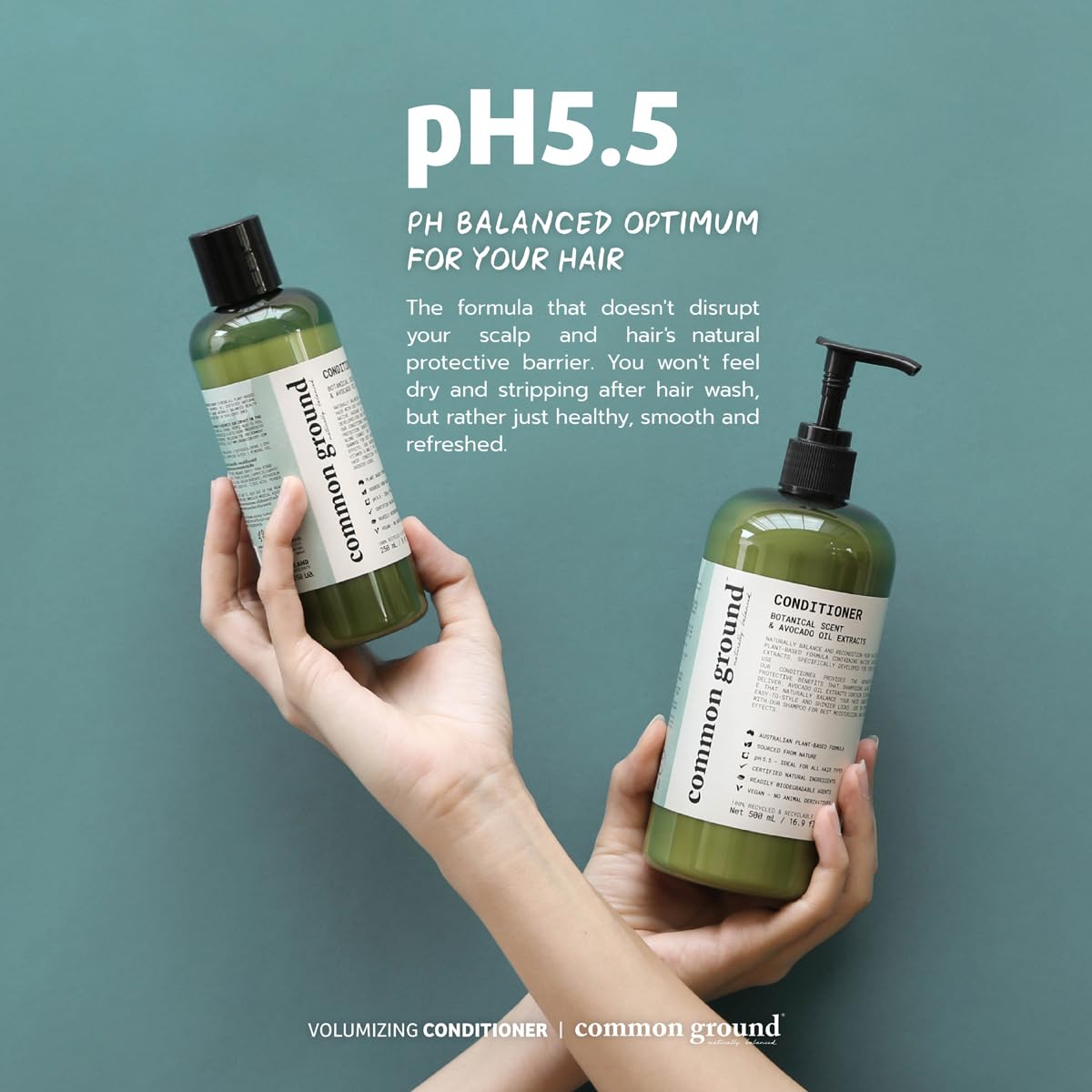 Common Ground shampoo and conditioner packaging showcasing home spa routine