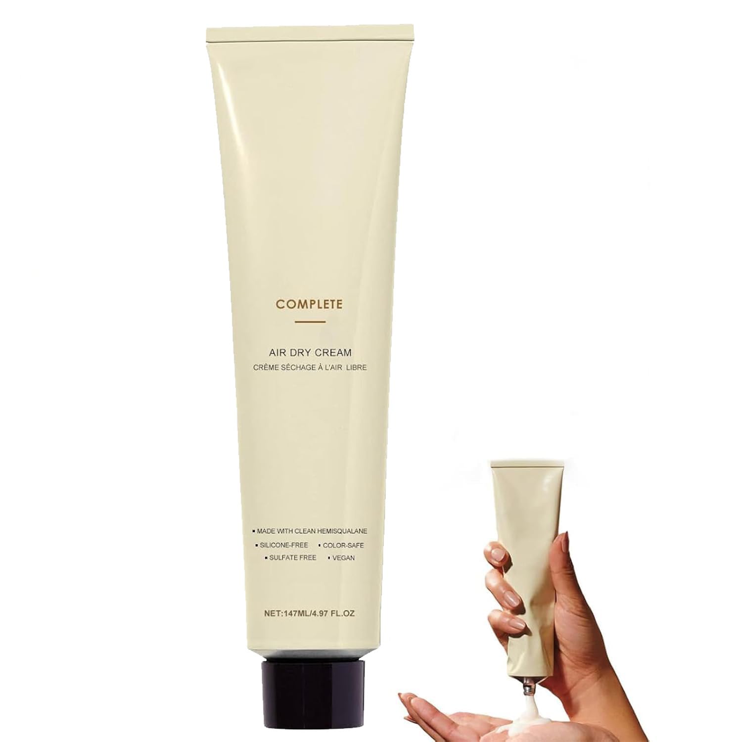 Complete Air Dry Cream bottle closeup highlights frizz control and lightweight formula