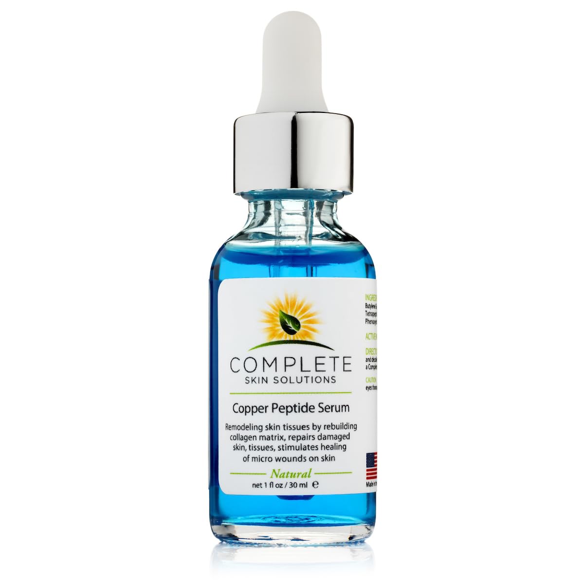 Complete Skin Solutions copper peptide serum bottle front promotes anti-aging care