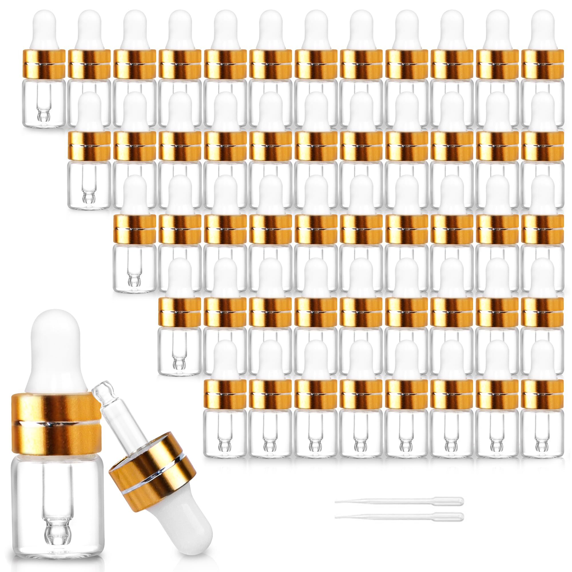 Comrzor 50-pack 2ml clear-glass dropper bottles for easy essential oil storage