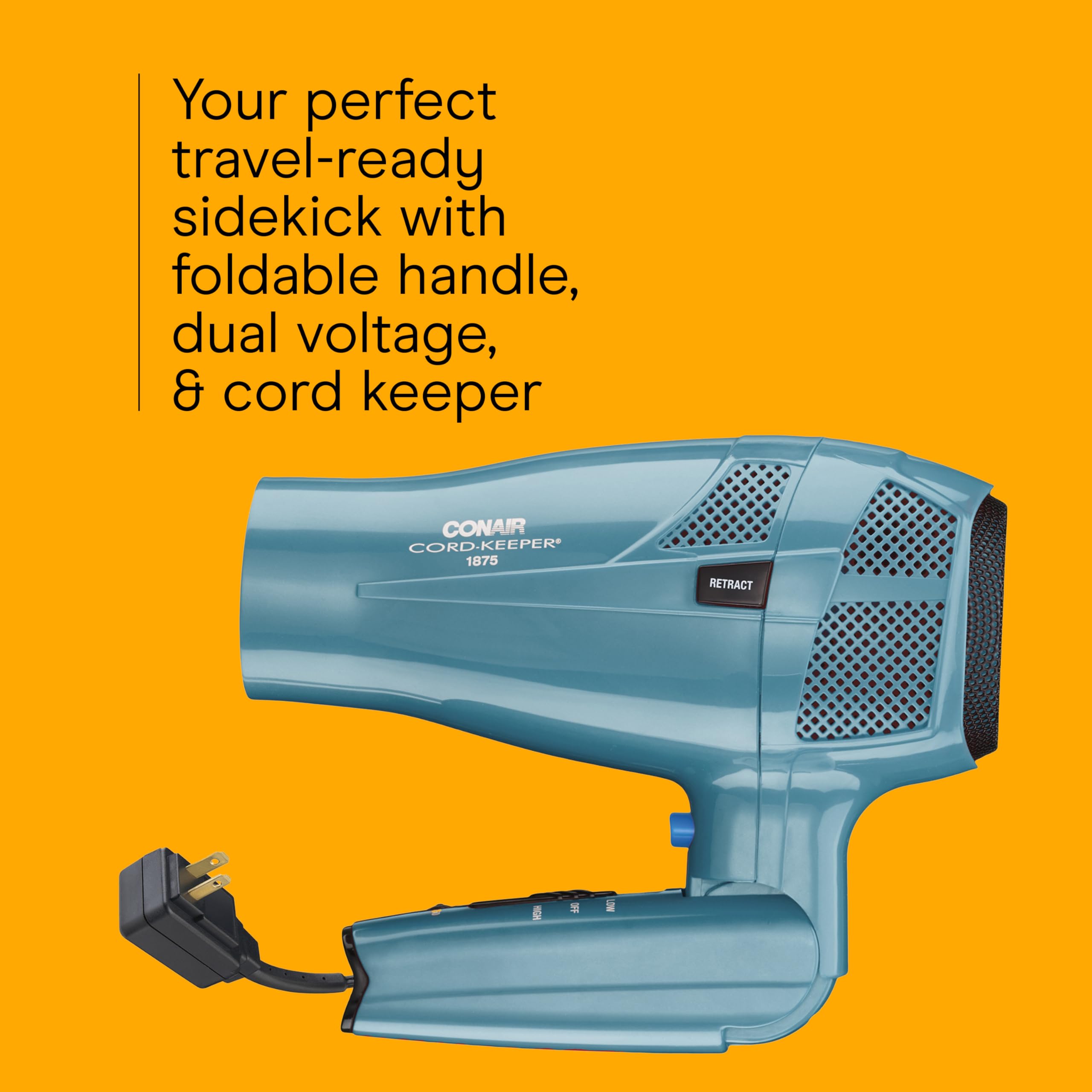 Conair 1875W travel dryer with ionic tech in teal for smooth results.