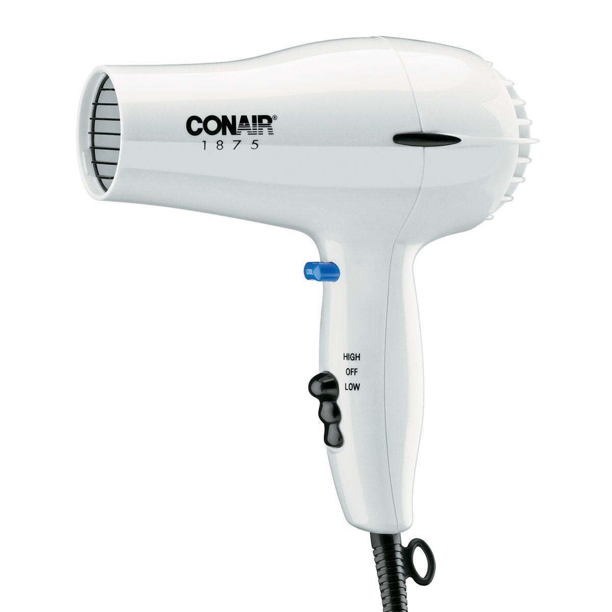 Conair 247W white compact hair dryer with concentrator for precise styling.