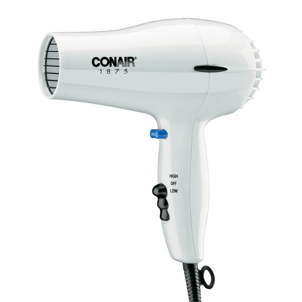 Conair 247W white compact hair dryer with concentrator for precise styling.