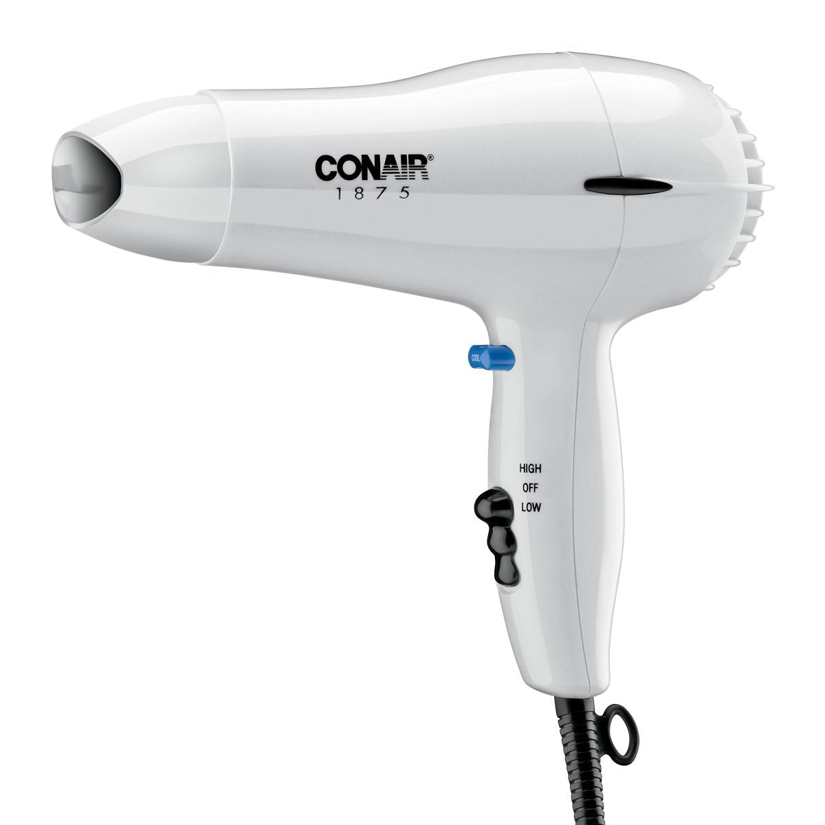 Conair white compact hair dryer showing cool shot feature for set style.