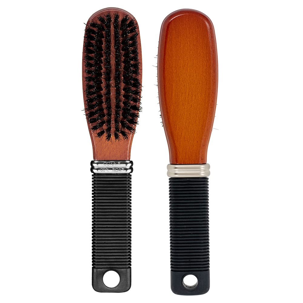 Conair All-Purpose Boar Bristle Hairbrush close-up shows 100% boar bristles for natural shine
