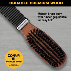 Conair boar bristle hairbrush with wooden body demonstrates durable grip for comfortable styling