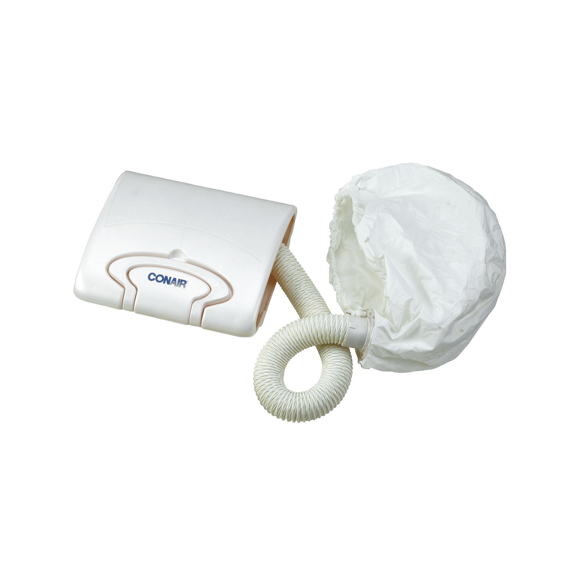 Conair bonnet hair dryer soft bonnet closeup; even airflow and travel-friendly design.