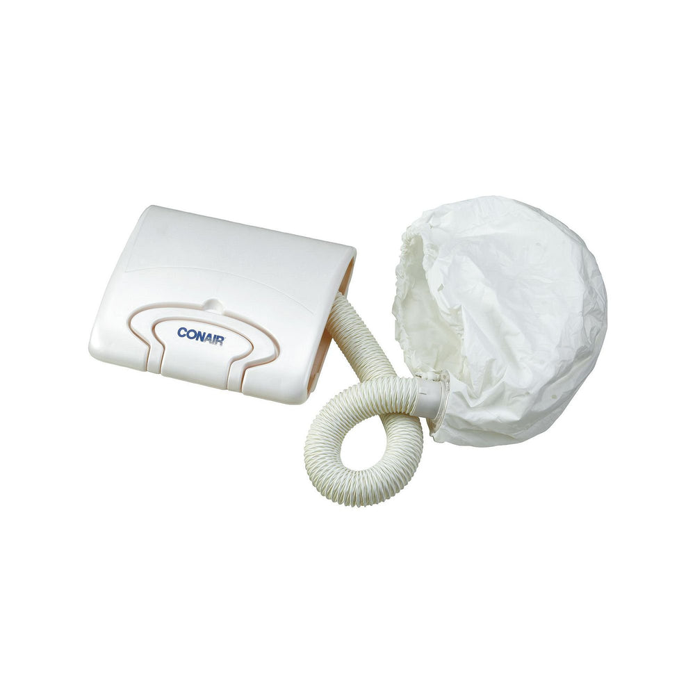 Conair bonnet hair dryer soft bonnet closeup; even airflow and travel-friendly design.