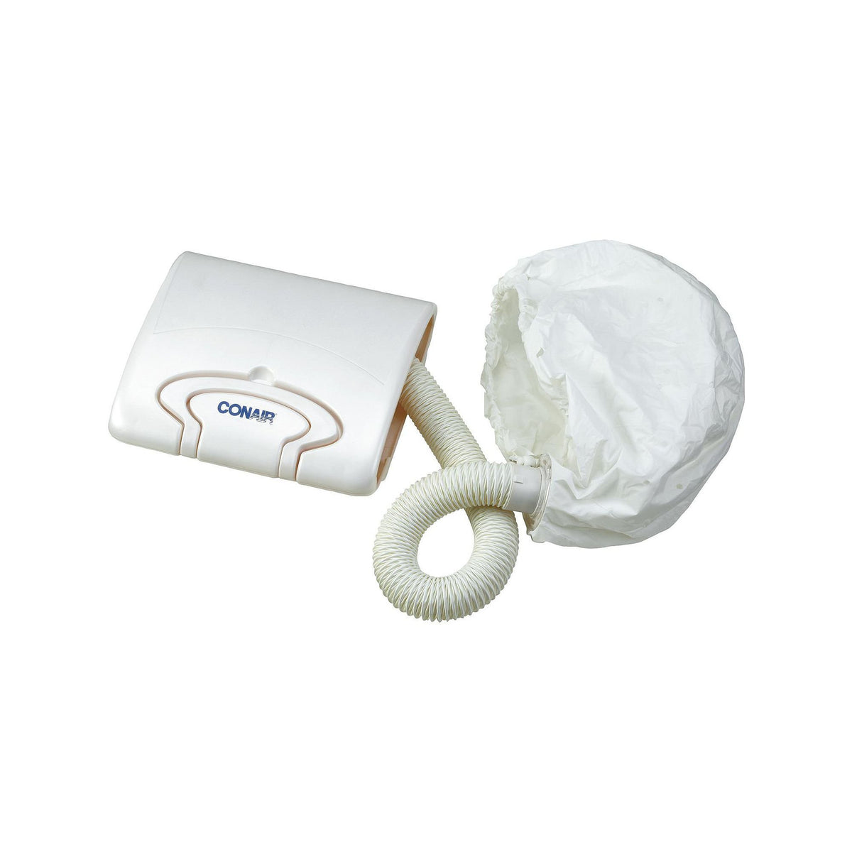 Conair bonnet hair dryer soft bonnet closeup; even airflow and travel-friendly design.