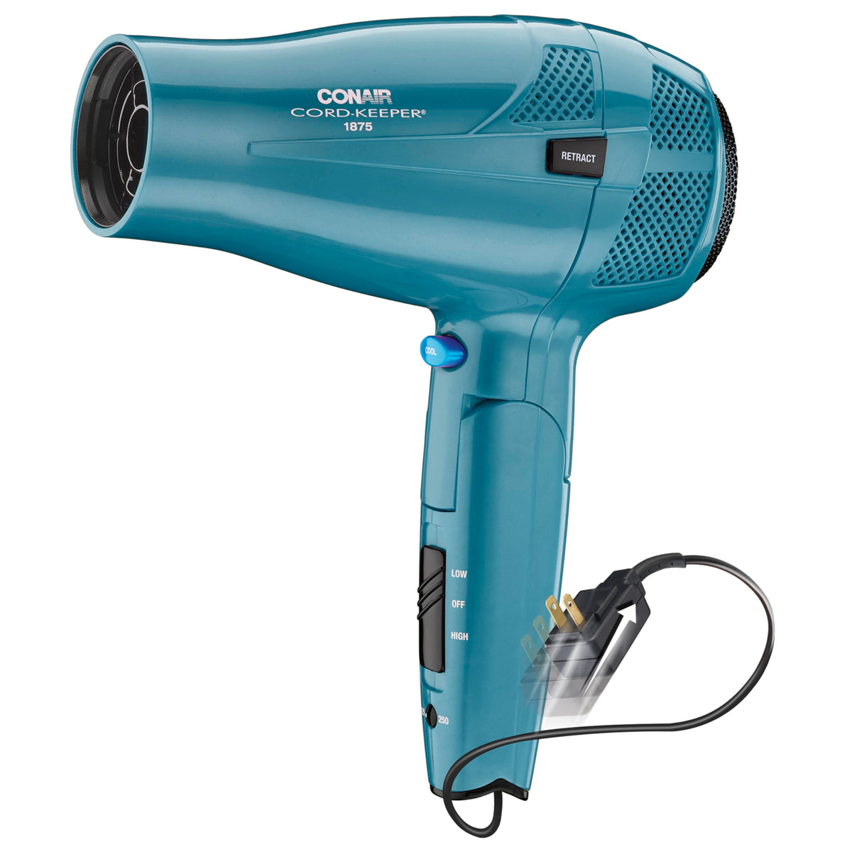 Conair Cord-Keeper dryer with folding handle in teal, perfect for compact travel.