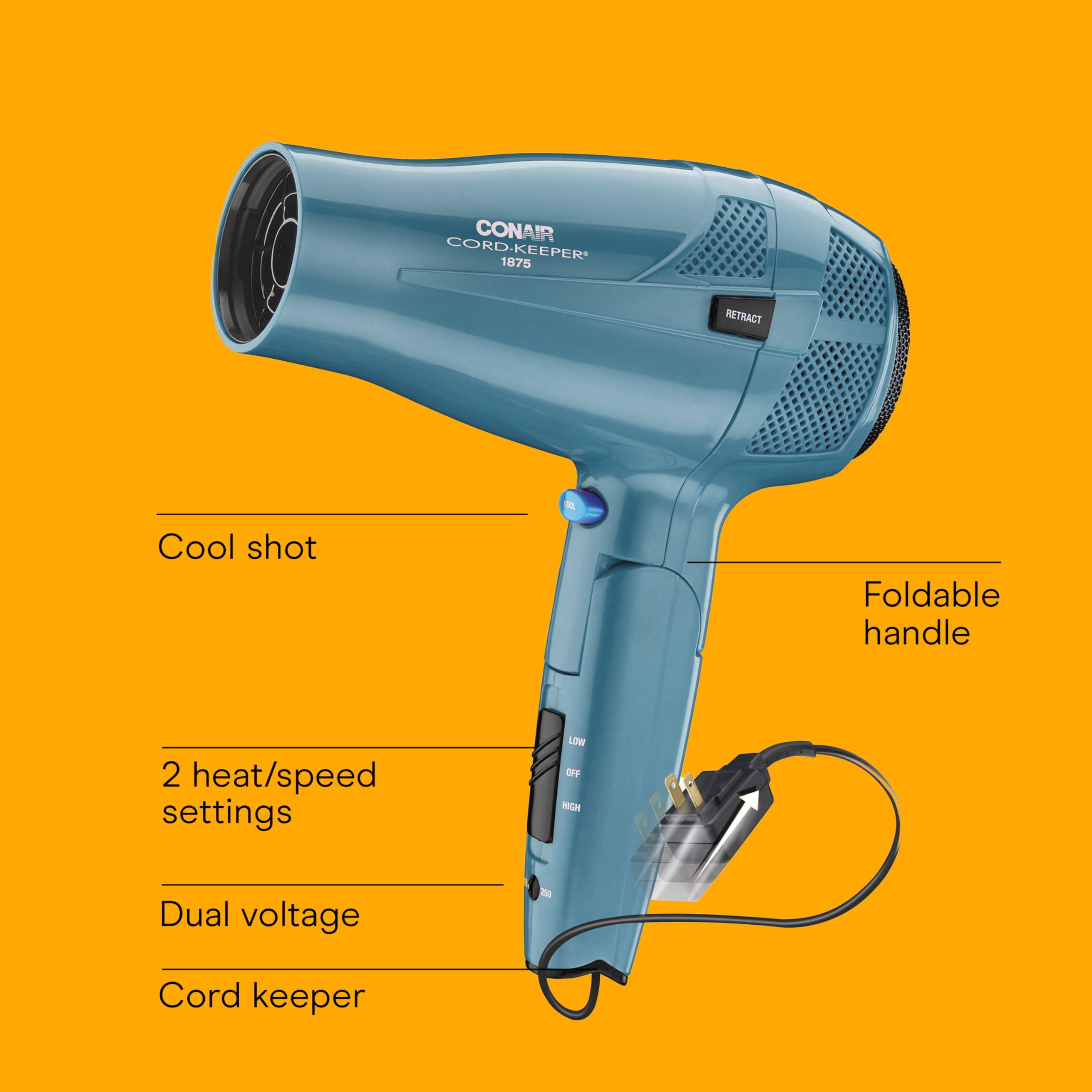 Conair Cord-Keeper dryer retractable cord button keeps cords tidy on the go.