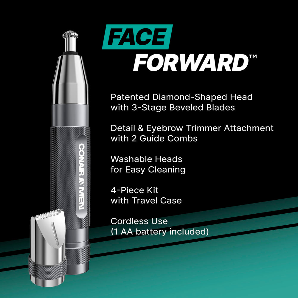 Conair cordless trimmer with AA battery offers portable grooming anywhere.
