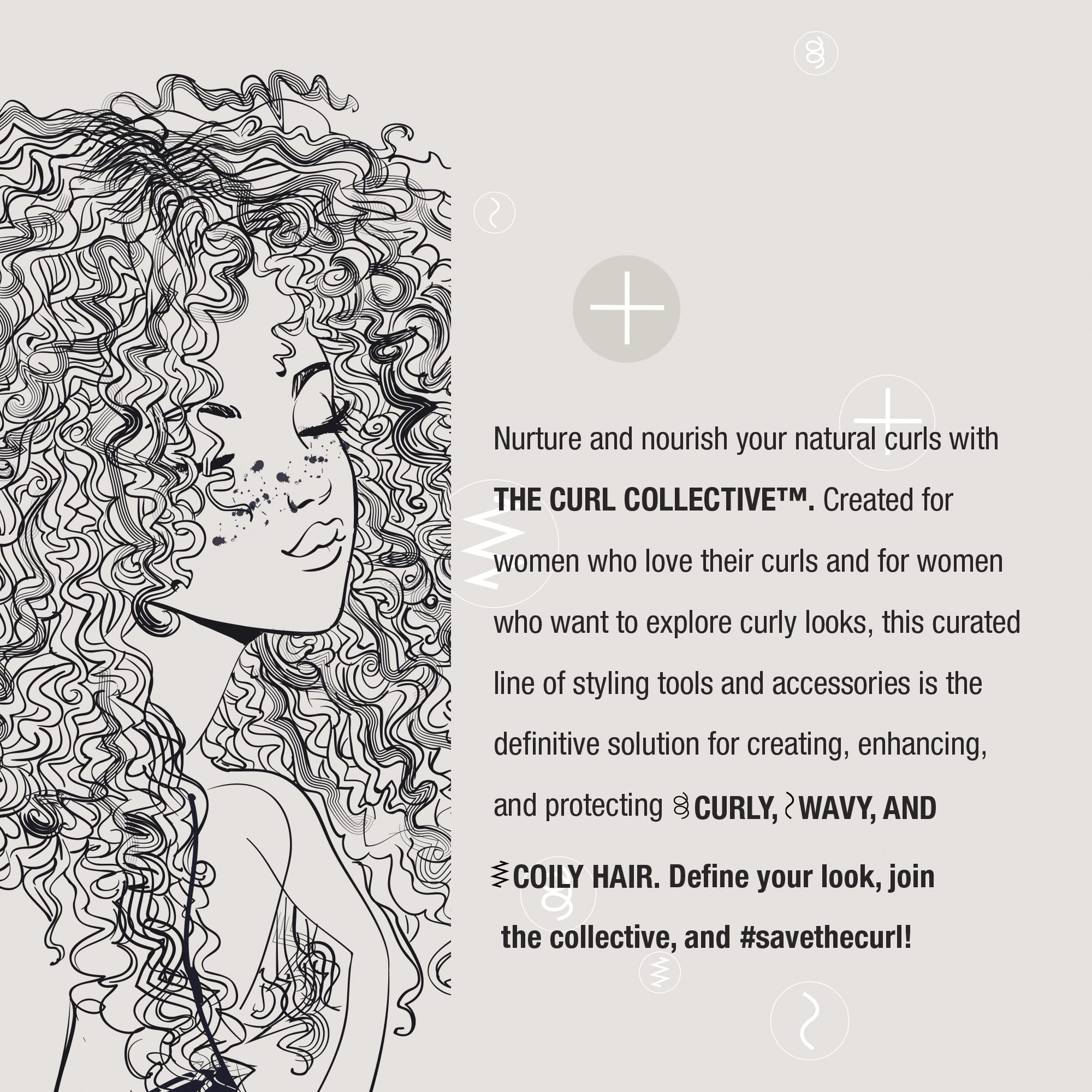 Conair Curl Collective ceramic and ionic technology illustration highlights frizz control and healthy shine.