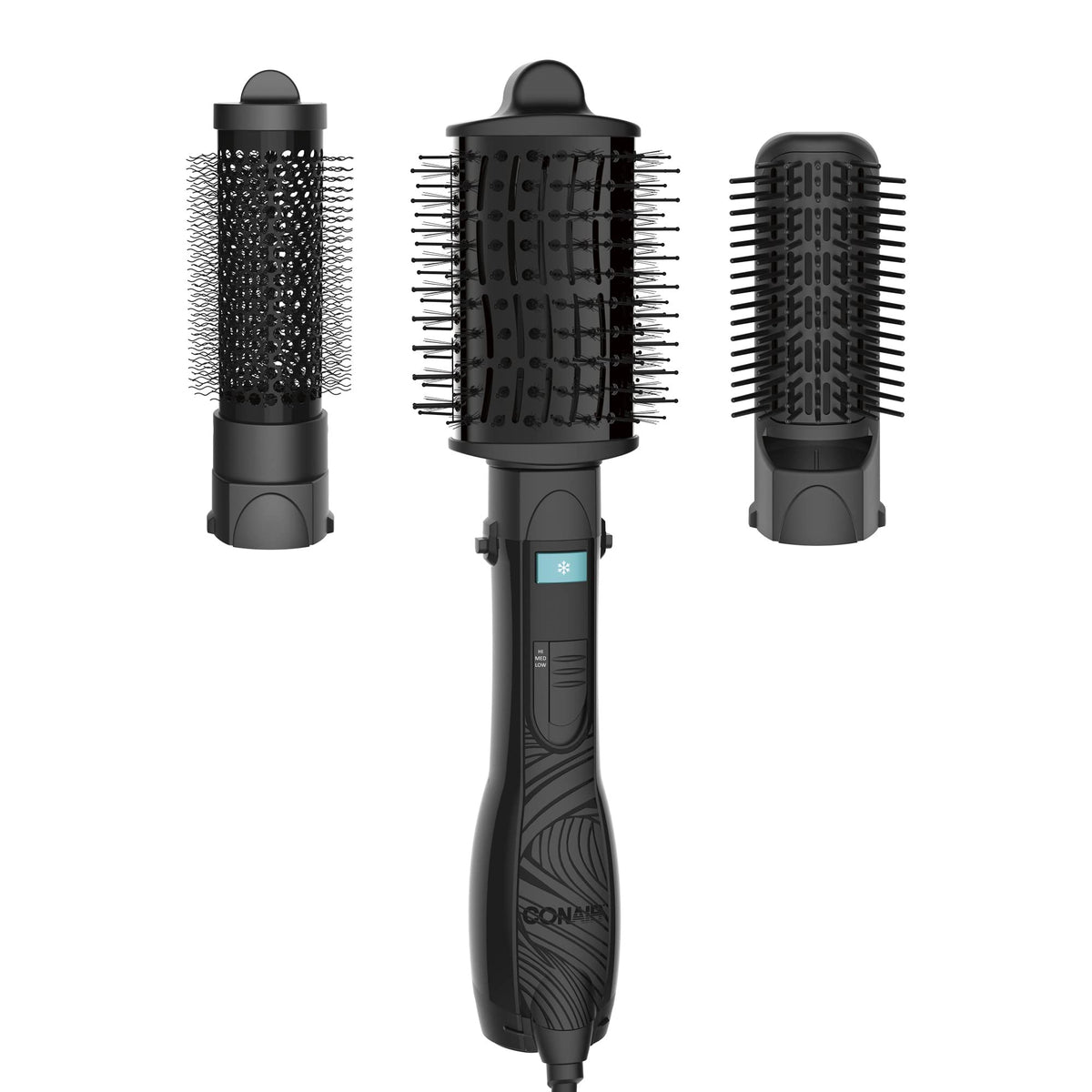 Conair Curl Collective oval brush gliding through curls for smooth volume