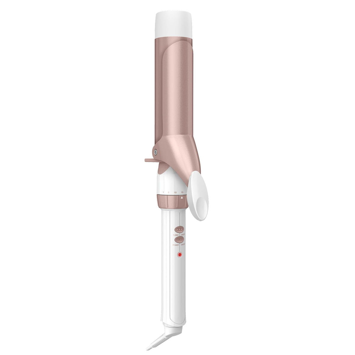 Conair curling iron front view showing white and rose gold design, professional look