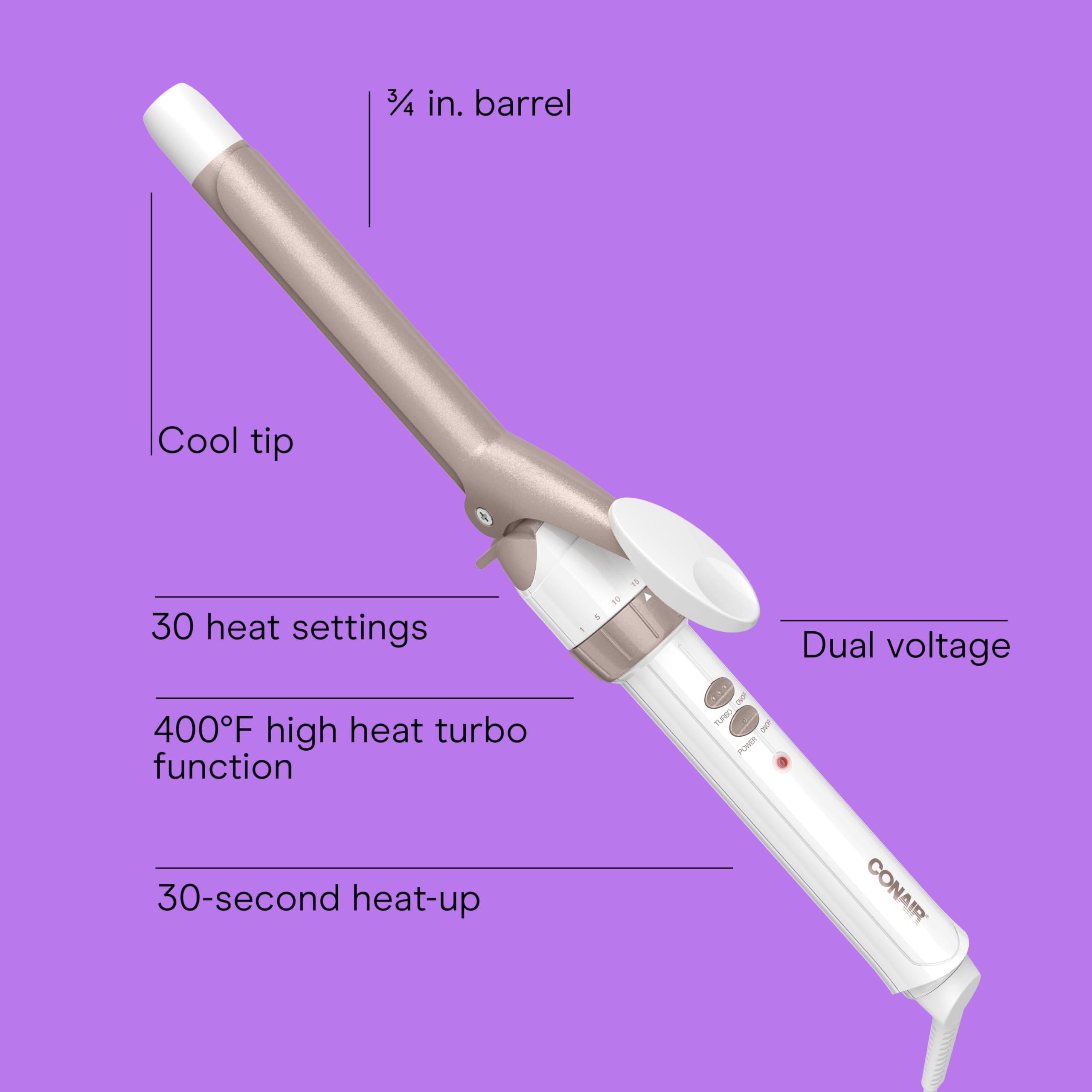 Conair curling iron with Turbo Heat boosts for fast curl results.