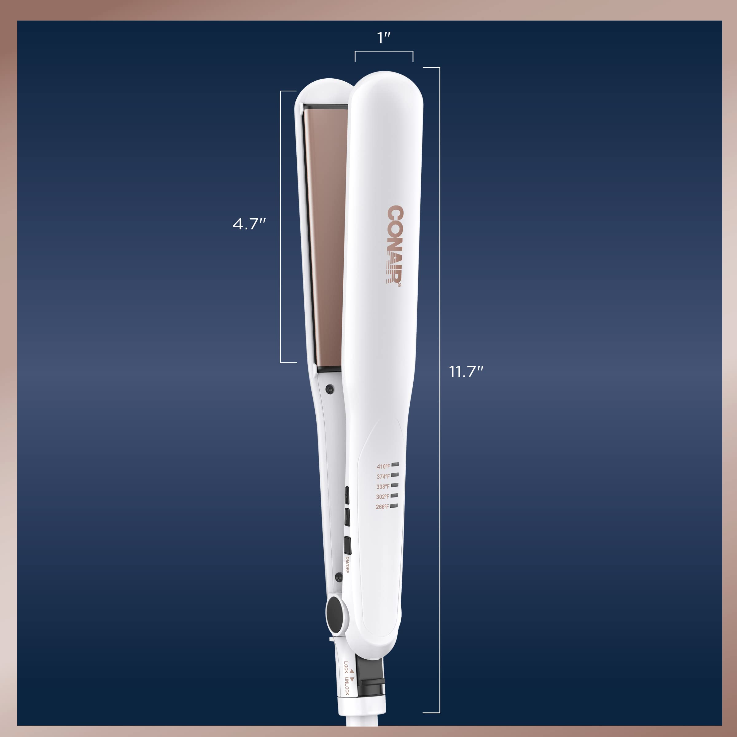 Conair glide-action shot demonstrates smooth styling with minimal passes using the flat iron.