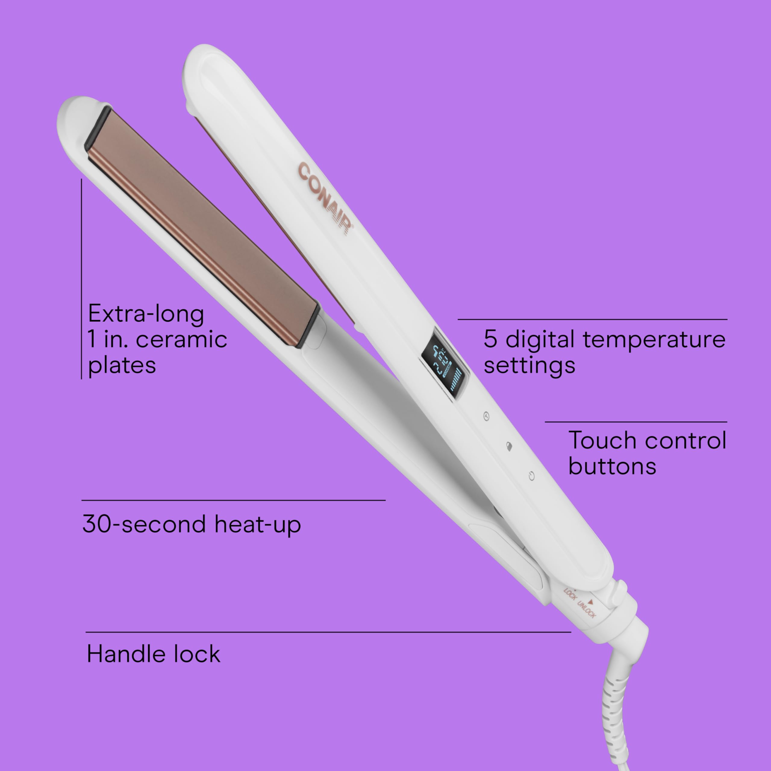 Conair double ceramic flat iron showing digital heat settings for precise styling flexibility.