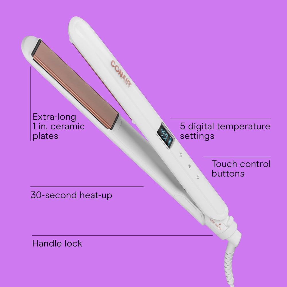 Conair double ceramic flat iron showing digital heat settings for precise styling flexibility.