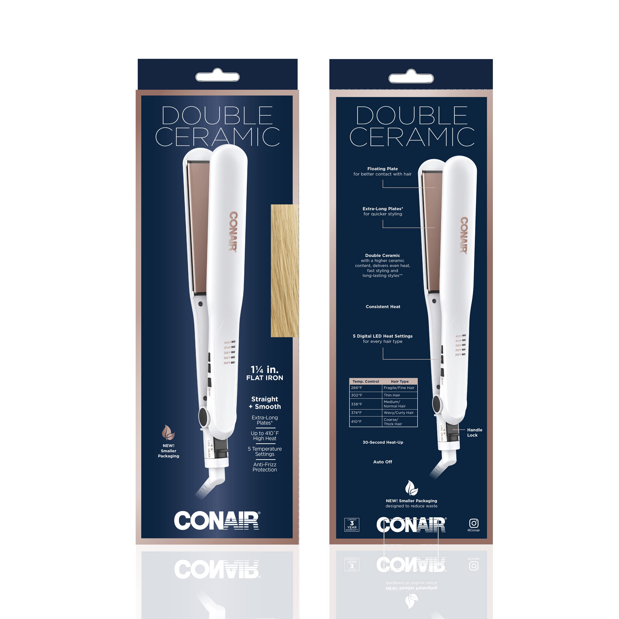 Conair packaging box shows ready-to-use packaging for this ceramic flat iron.